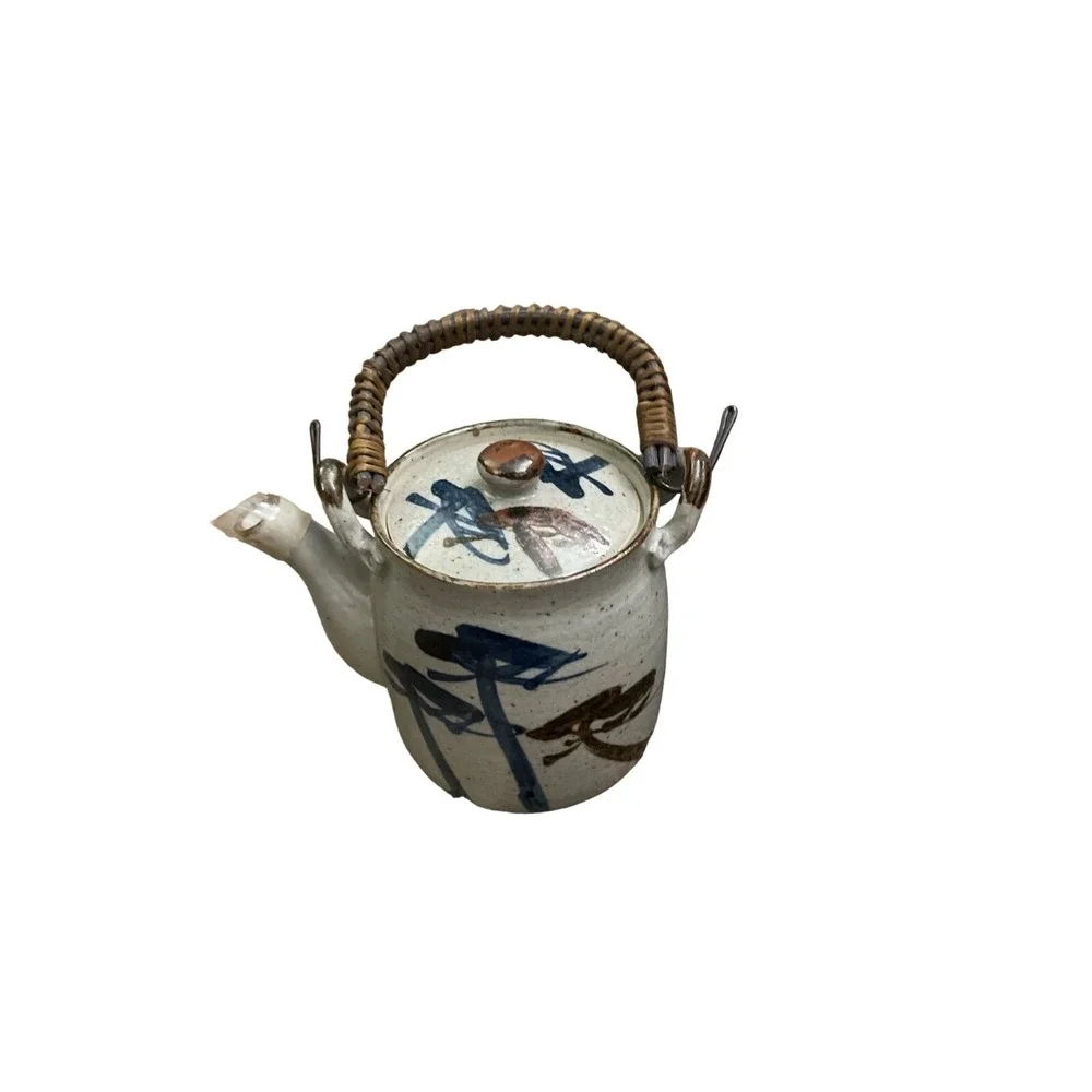 Vintage Ceramic Teapot Rattan Handle Japanese Inspired Blue Brown‎ Design